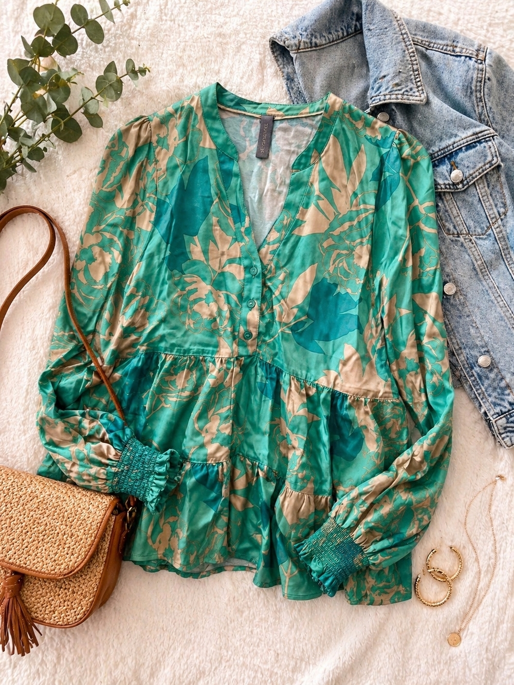 Culture Green Floral Silky Peplum Blouse M